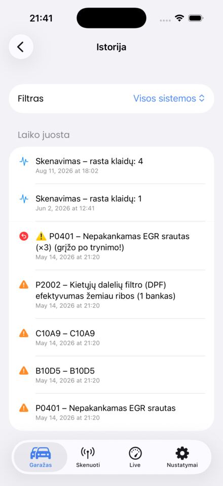 Klaidų istorija pagal VIN